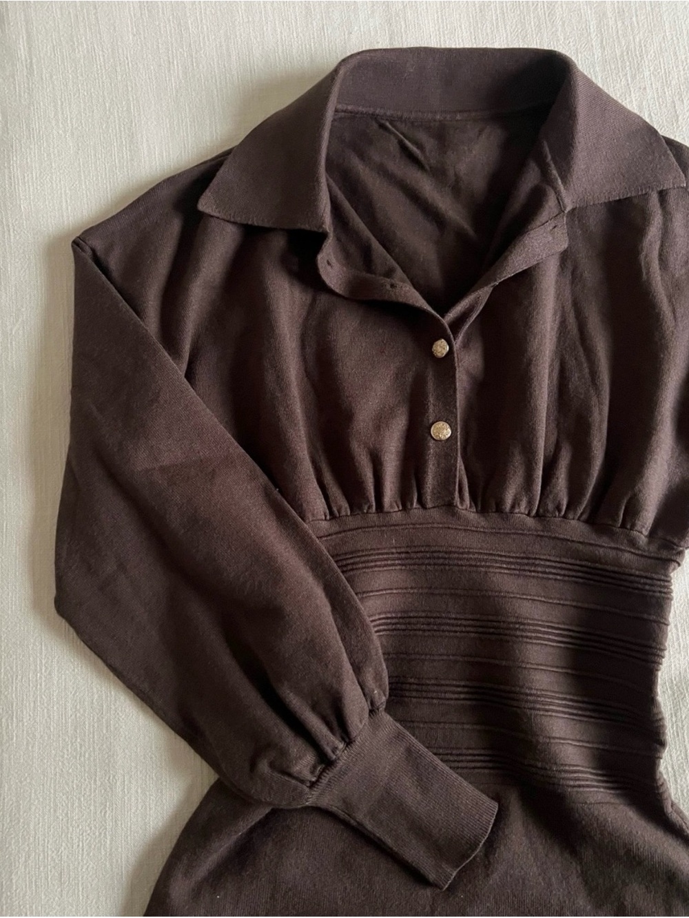 Commense Cinched Waist Knit Shirt Midi Dress in Brown - Picture 3 of 7